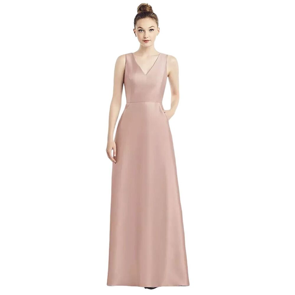 Alfred Sung Toasted Sugar Pink Sleeveless V-Neck Satin Gown Pockets Dress Size 2